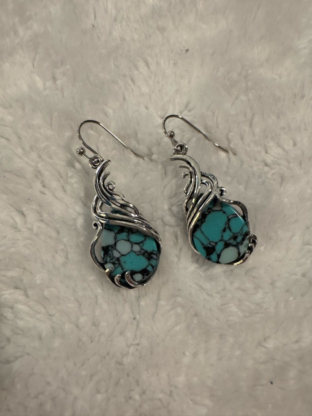 Turquoise Stone Silver Drop Earrings - Blue Turquoise